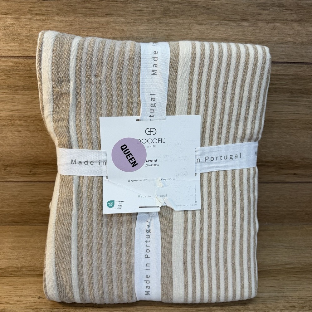 DOCOFIL White Coverlet 100% Cotton QUEEN Quilt Blanket Beige Stripes